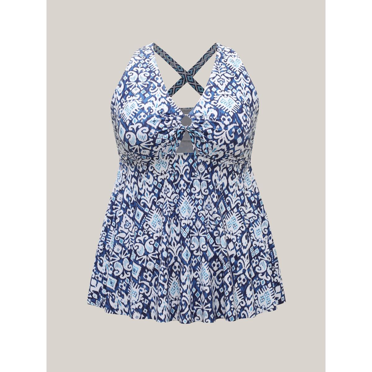 Plus Size Bohemian Escape Cut-Out Swim Top Women's Swimwear Mediumblue Resort Cut-Out High stretch Skinny V-neck Curve Swim Tops BloomChic 10/M Product Image