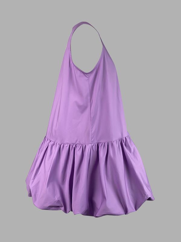 High Waisted Loose Pleated Solid Color Round-Neck Mini Dresses Product Image