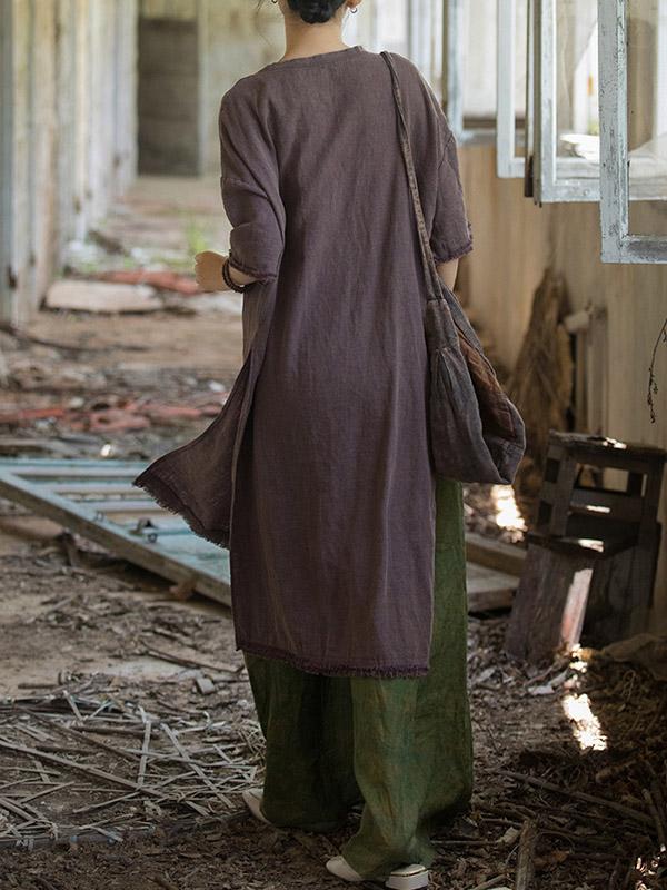 Half Sleeves High-low Fringed Solid Color Split-Joint Split-side Round-neck Midi Dresses Product Image