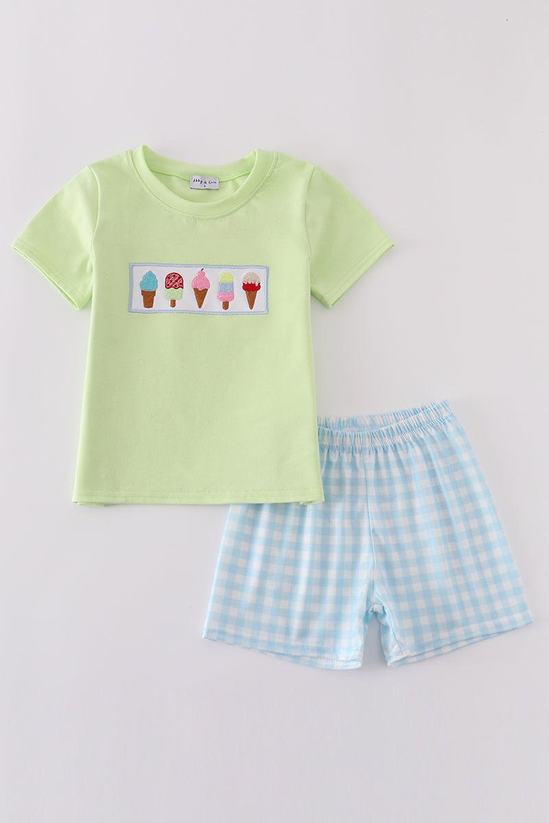 Green ice cream embroidery shorts set Product Image