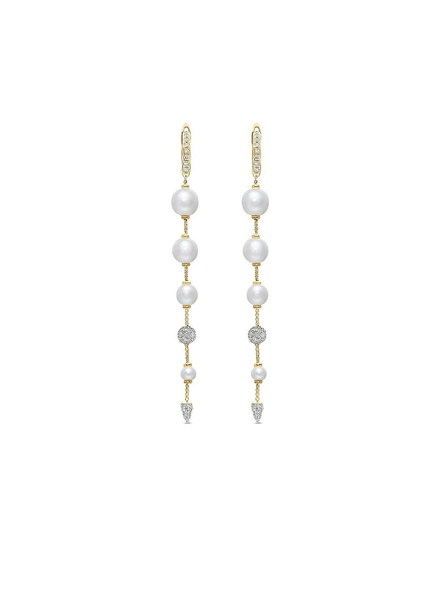 David Yurman 18K Yellow Gold Cultured Freshwater Pearl & Diamond Pave Linear Drop Earrings Product Image