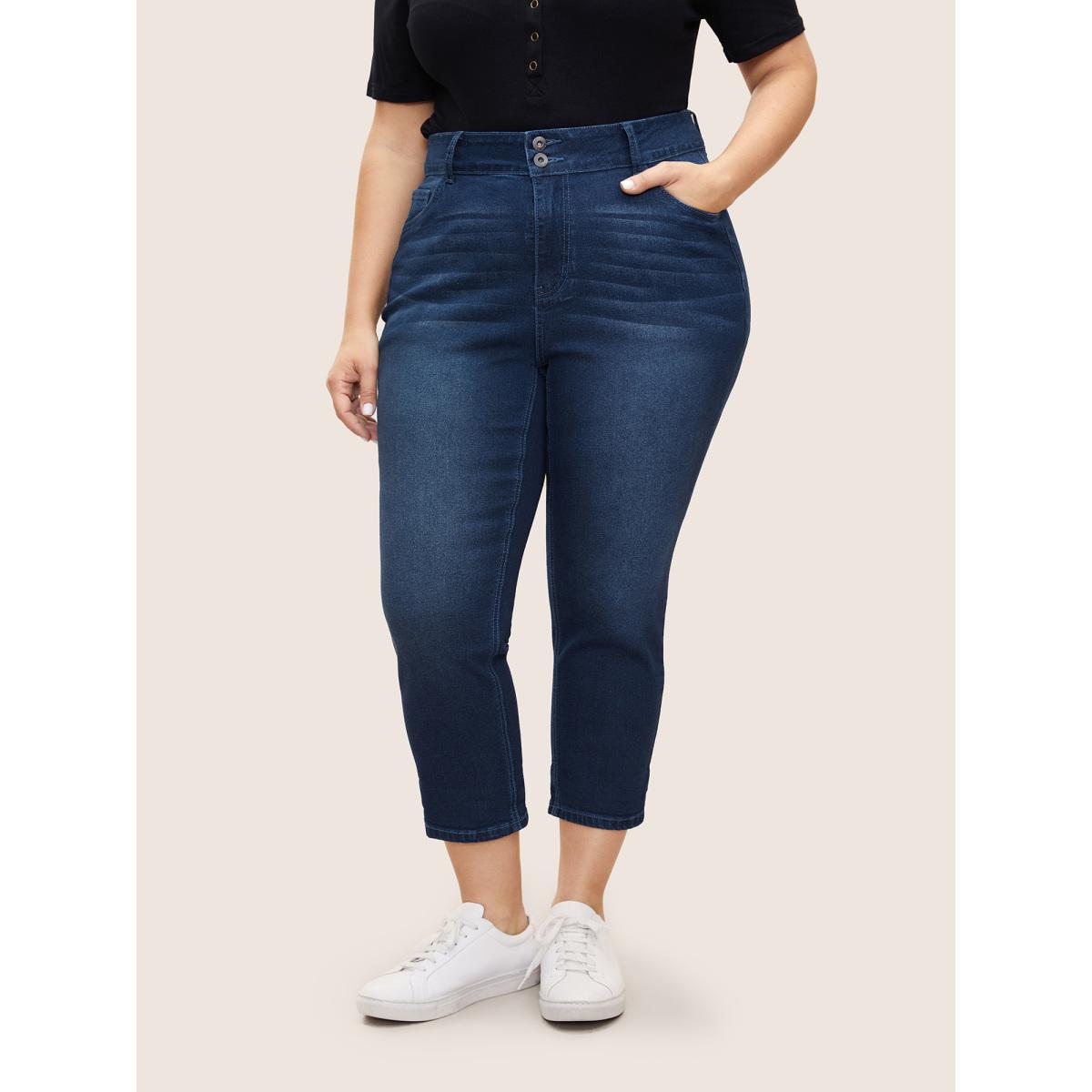 Plus Size Bodycon Roll Hem Medium Wash Jeans Women Blue Casual Plain Non High stretch Slanted pocket Jeans BloomChic 26/4X Product Image