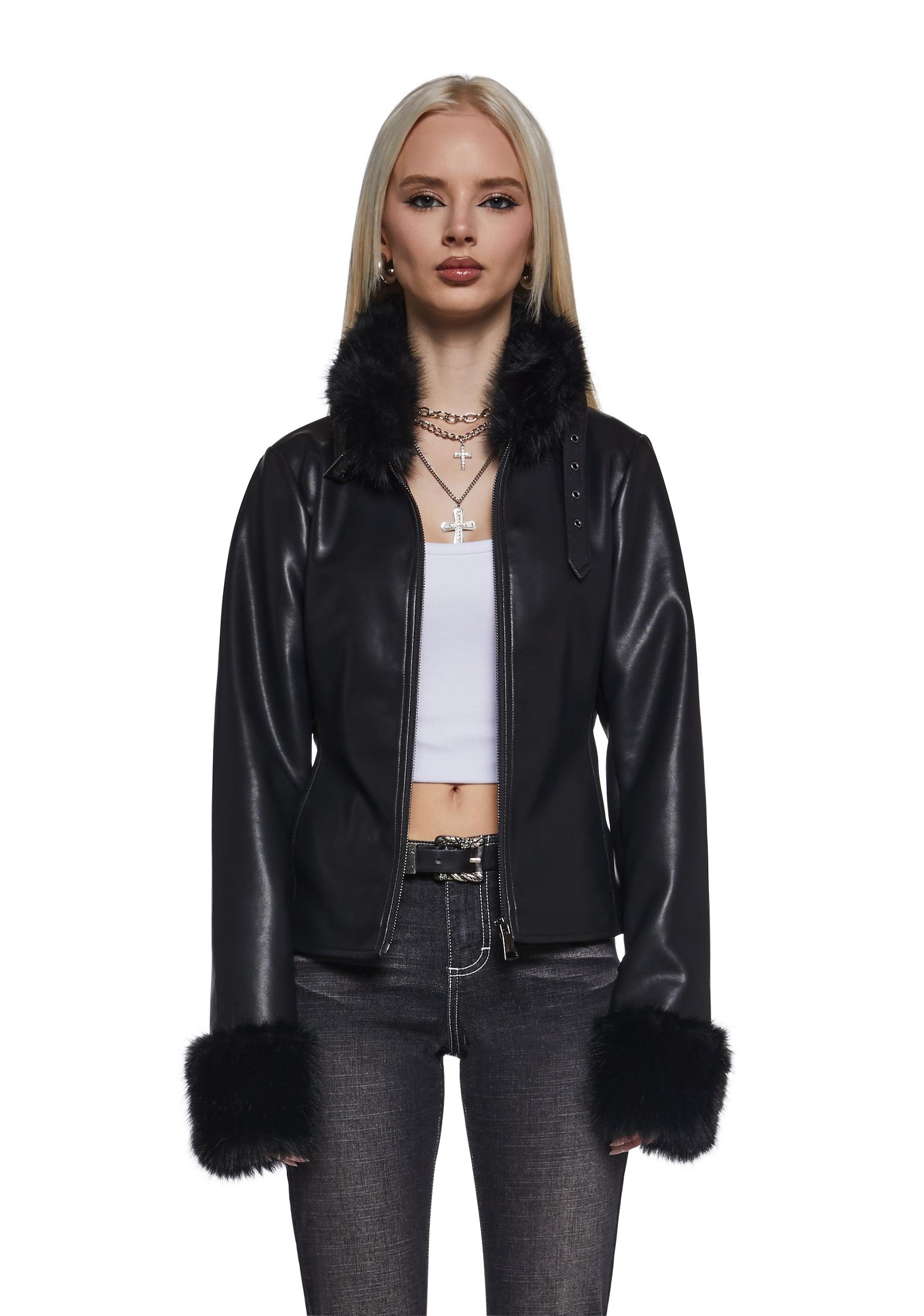 Womens Vegan Leather Moto Jacket With Faux Fur Trim Generation Kiss - Black Product Image