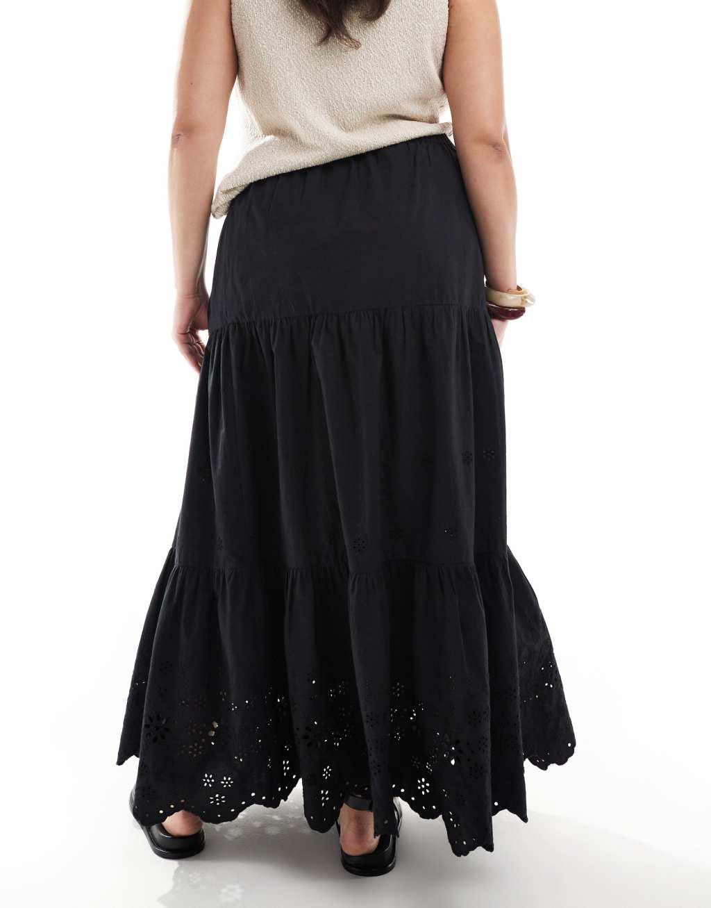 ASOS DESIGN Curve cutwork cotton maxi skirt in black Product Image