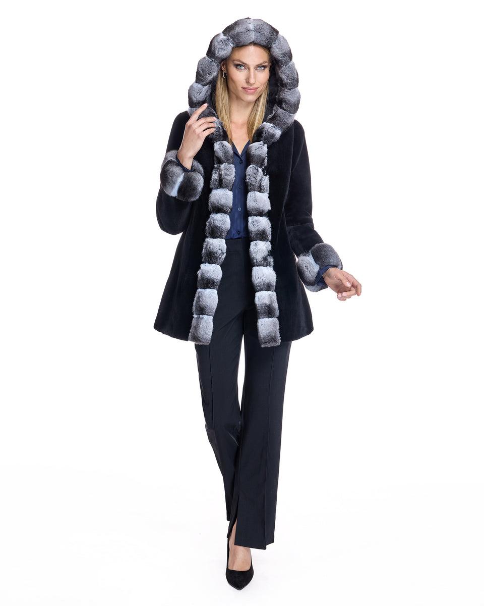 Sheared Mink Reversible Hooded Coat with Chinchilla Trim Product Image