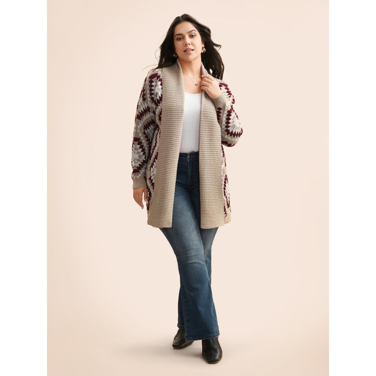 Plus Size Bandana Geometric Lapel Collar Cardigan LightBrown Women Casual Loose Long Sleeve Everyday Cardigans BloomChic 14-16/1X Product Image