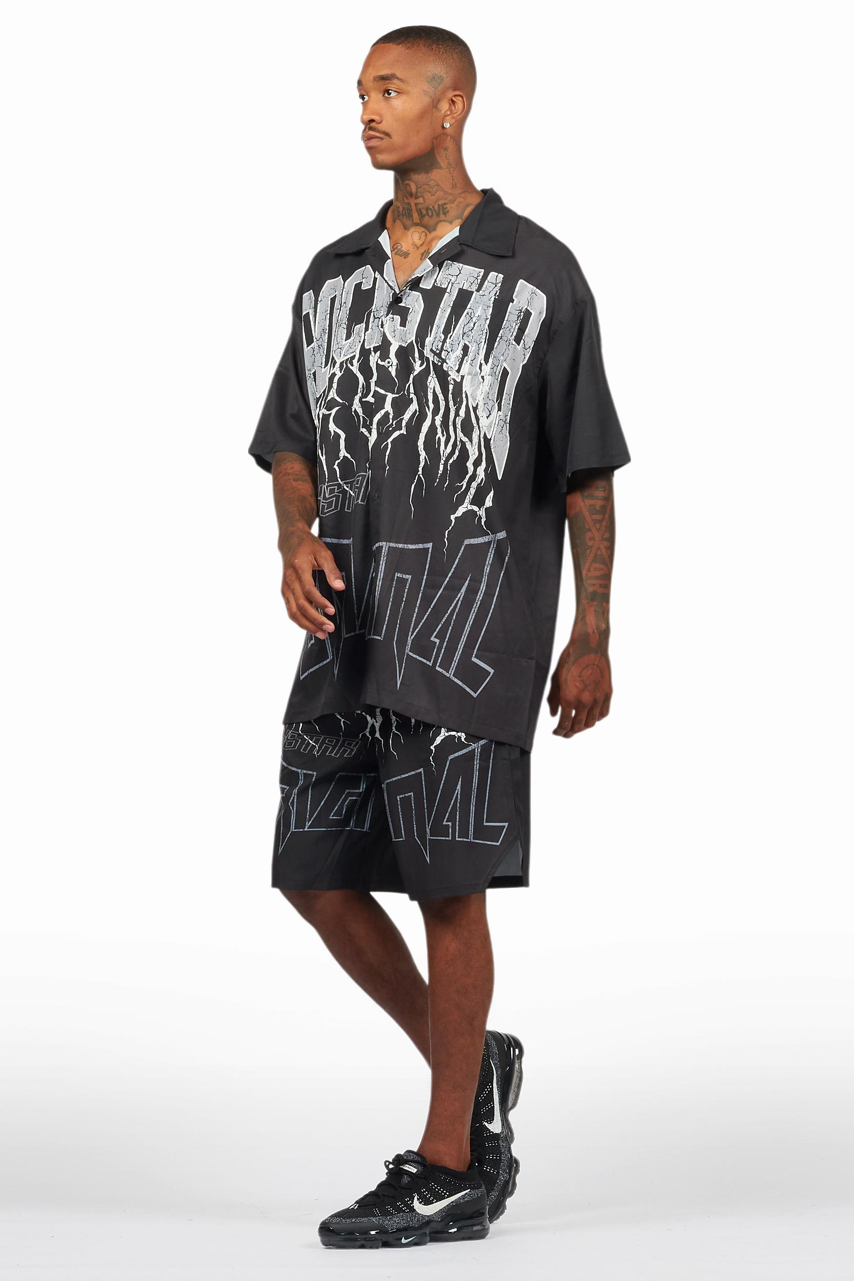 Hustle Black Button Down Short Set Male Product Image
