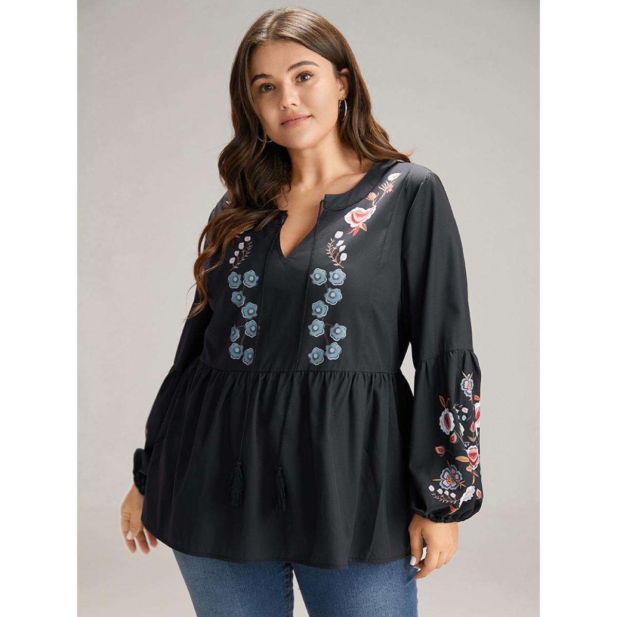 Plus Size Black Floral Print Tassels Knot Neck Lantern Sleeve Blouse Women Resort Long Sleeve Tie Neck Vacation Blouses BloomChic 12/L Product Image