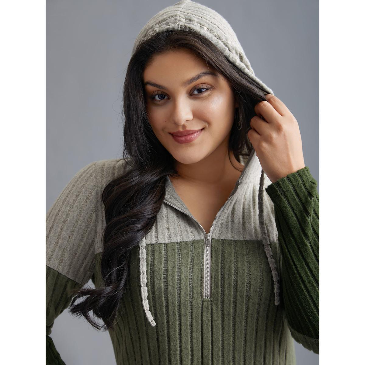 Plus Size Hooded Half Zip Pit Strip Knit Dress ArmyGreen Women Casual Contrast Hooded Long Sleeve Curvy BloomChic 10/M Product Image
