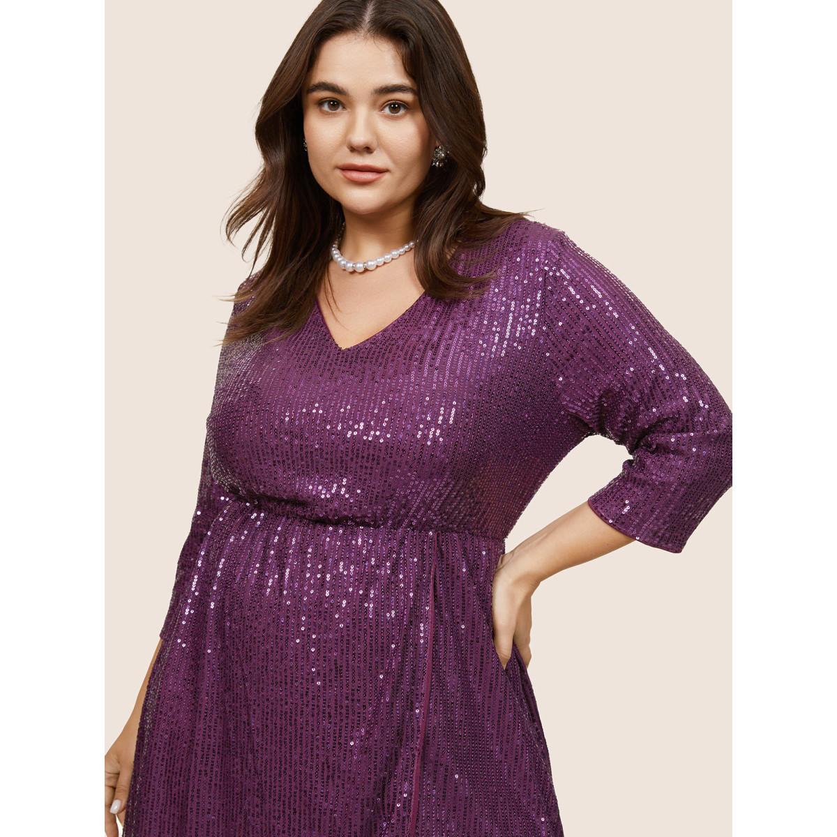 Plus Size Solid Sequin Wrap Hem Elastic Waist Dress Purple Women Cocktail Sequin V-neck Elbow-length sleeve Curvy Midi Dress BloomChic 28/5X Product Image