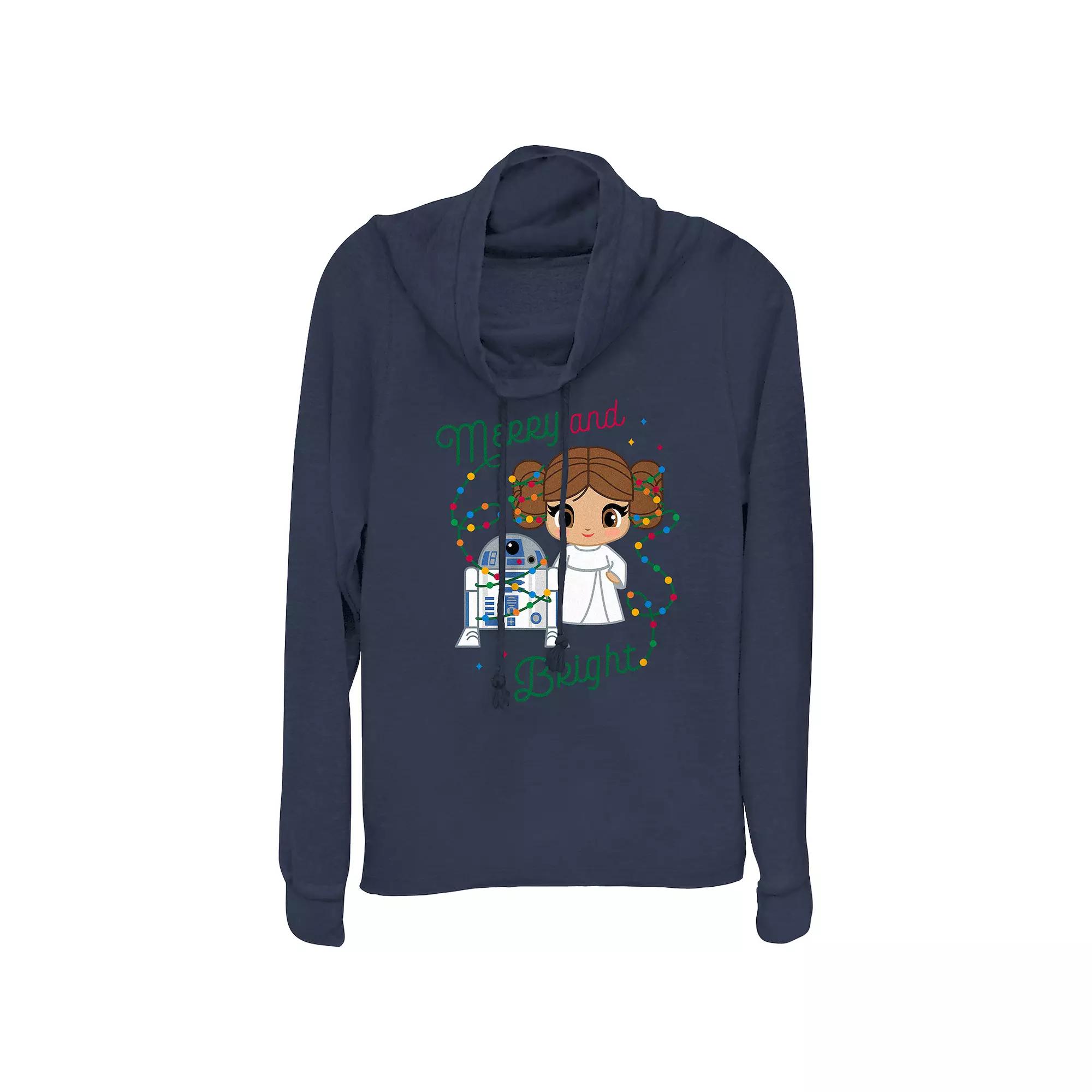 Women's Star Wars R2-D2 And Princess Leia Organa Merry And Bright Cowlneck Graphic Lightweight Long Sleeve, Size: XS, Blue Product Image