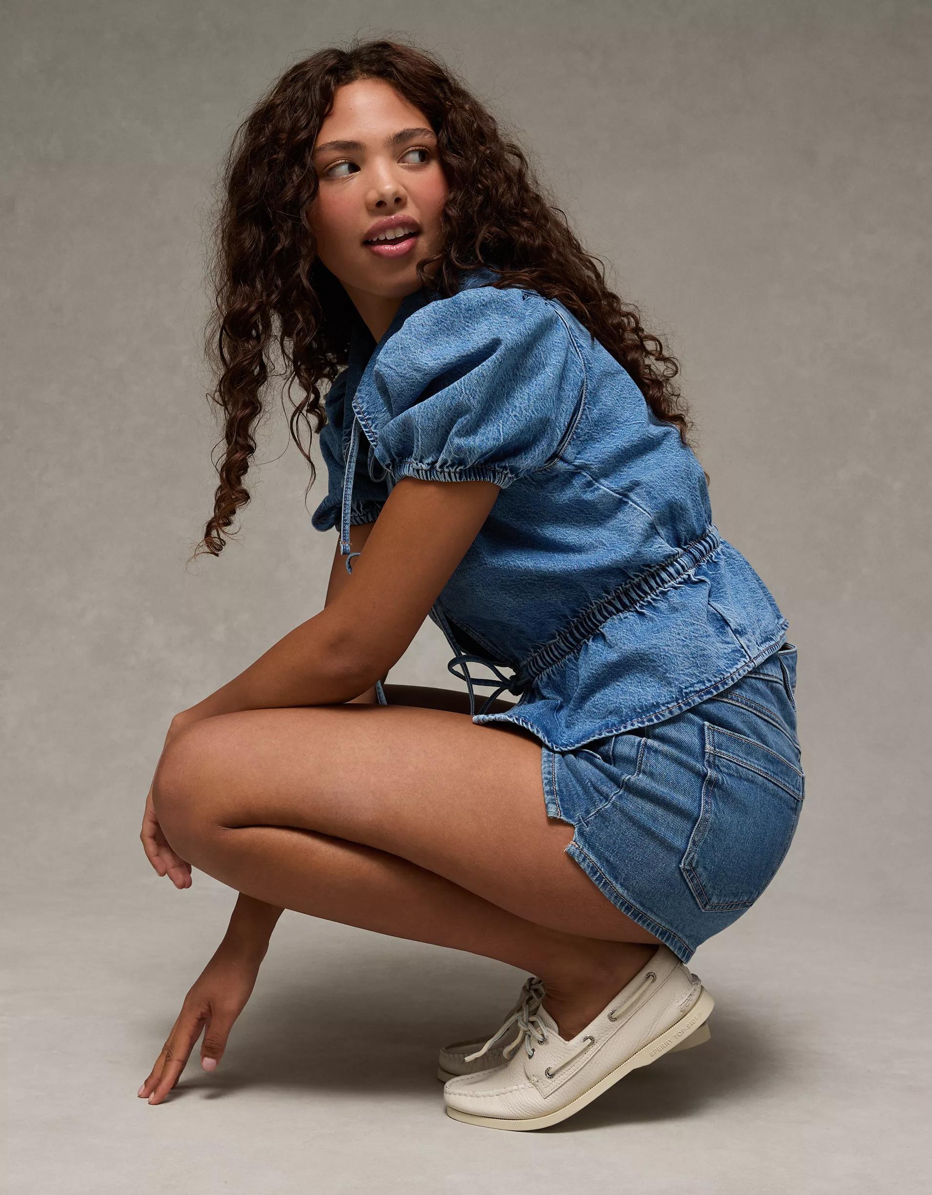 AE Denim Collared Puff Sleeve Tie Front Shirt Product Image