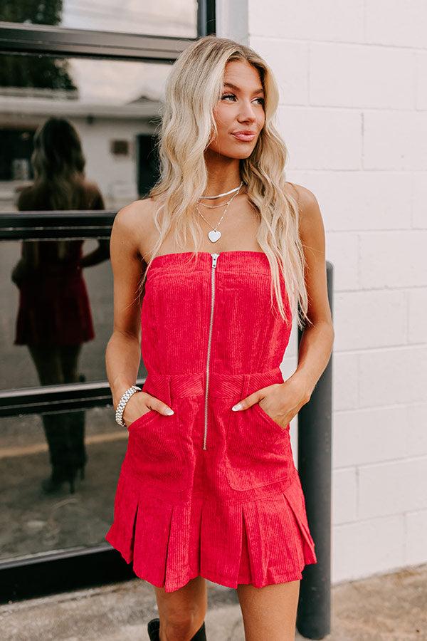 Soho Style Corduroy Romper Dress in Red Product Image