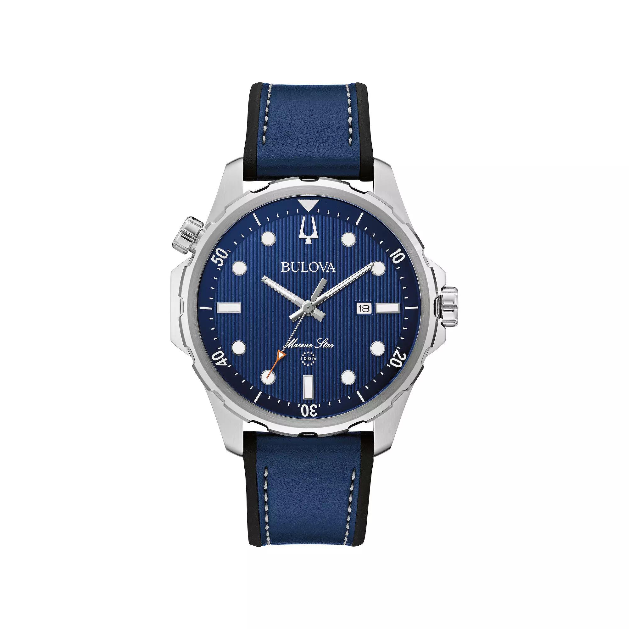Bulova Men's Marine Star Stainless Steel Blue Dial Leather & Silicone Strap Watch - 96B419,  Product Image