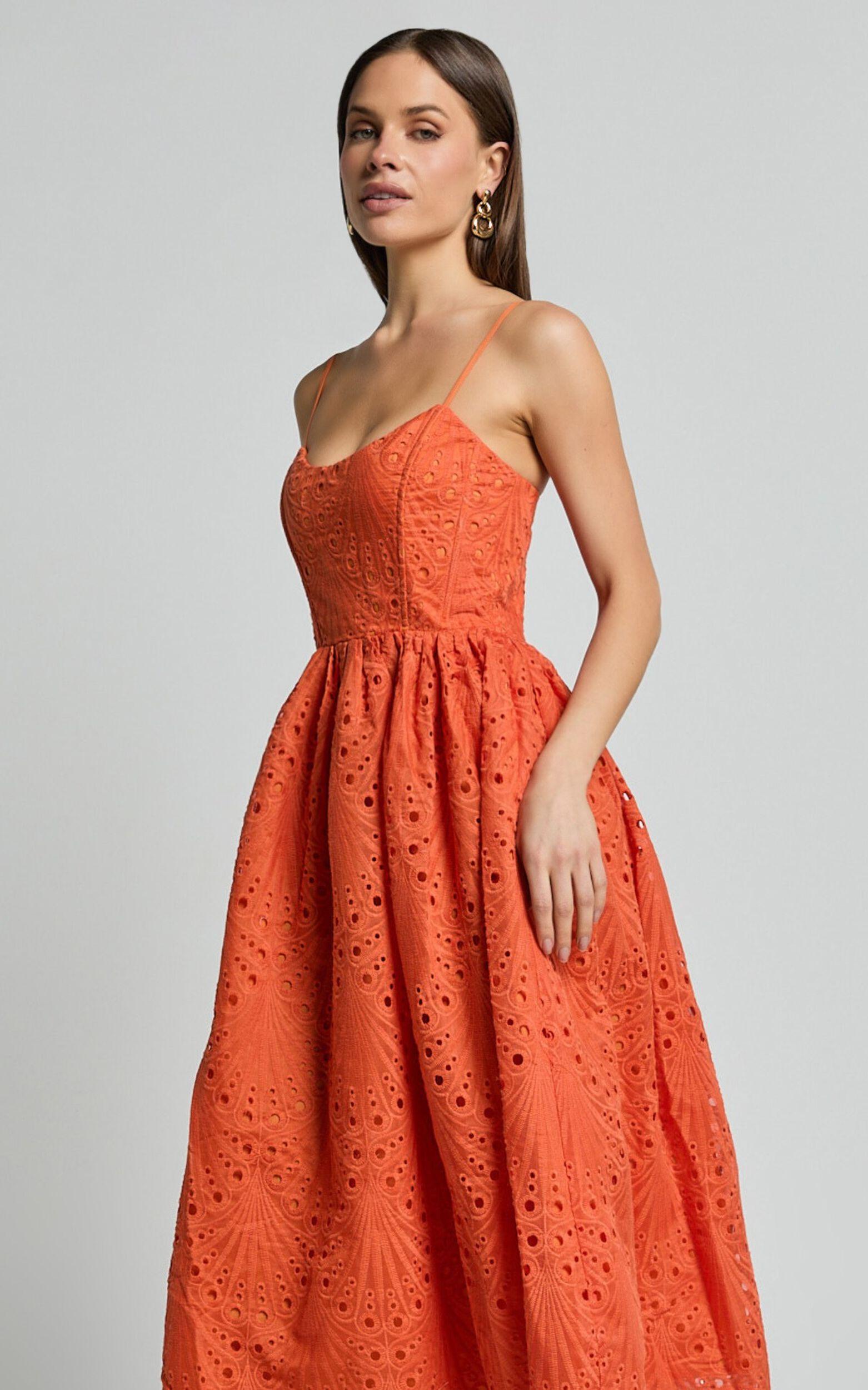 Gabriella Midi Dress - Strappy Gathered Skirt Embroidered Dress in Orange Product Image