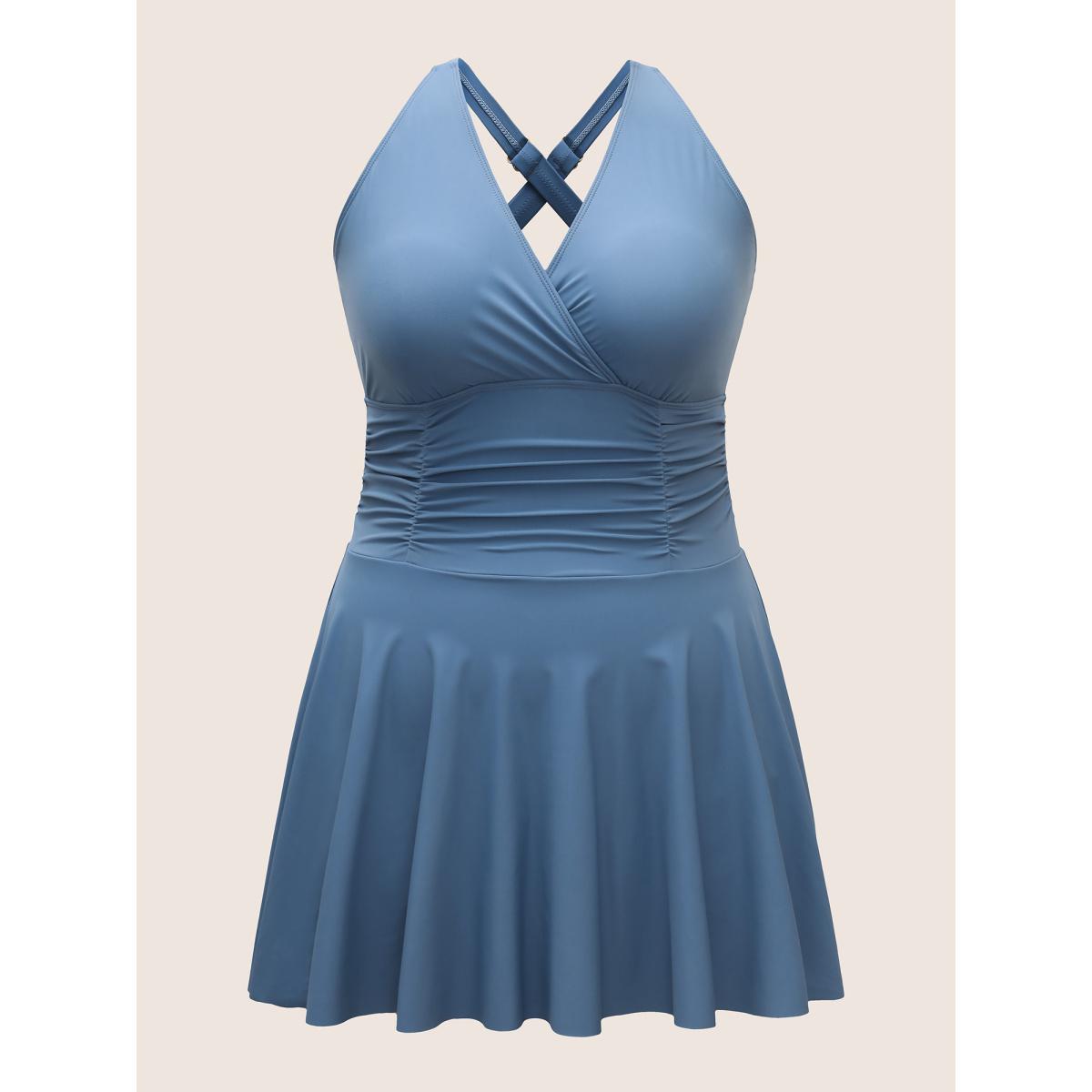 Plus Size Plain Overlap Collar Ruched Swim Dress Women's Swimwear Aegean Beach Bodycon Overlap Collar High stretch Curve Swim Dresses BloomChic 22-24/3X Product Image