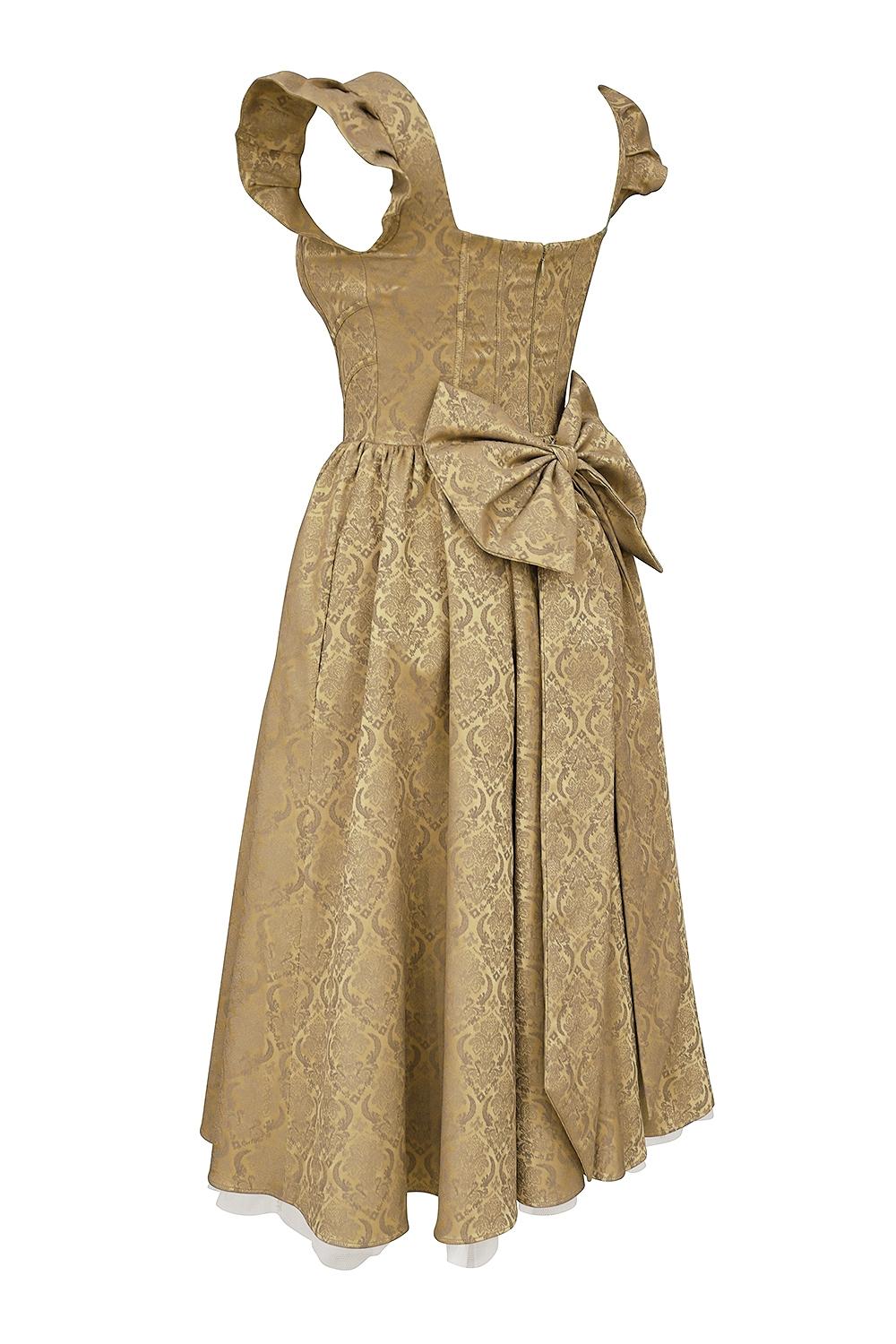 Alessandra  gold jacquard midi dress with detachable bow - sale Product Image