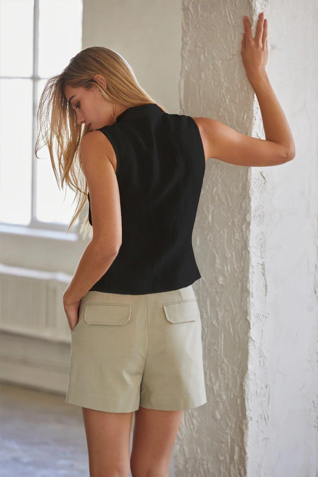 Jaylin Sleeveless Mandarin Collar Linen Blouse Product Image