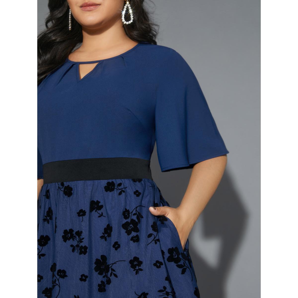 Plus Size Floral Embroidered Mesh keyhole Dress Aegean Women Formal Texture Round Neck Half Sleeve Curvy BloomChic 28/5X Product Image