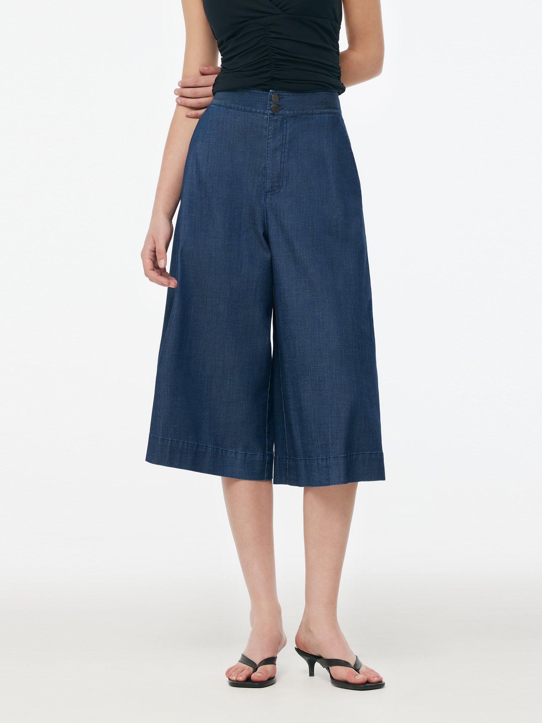Denim High Waisted Women Wide Leg Cropped Culottes Product Image