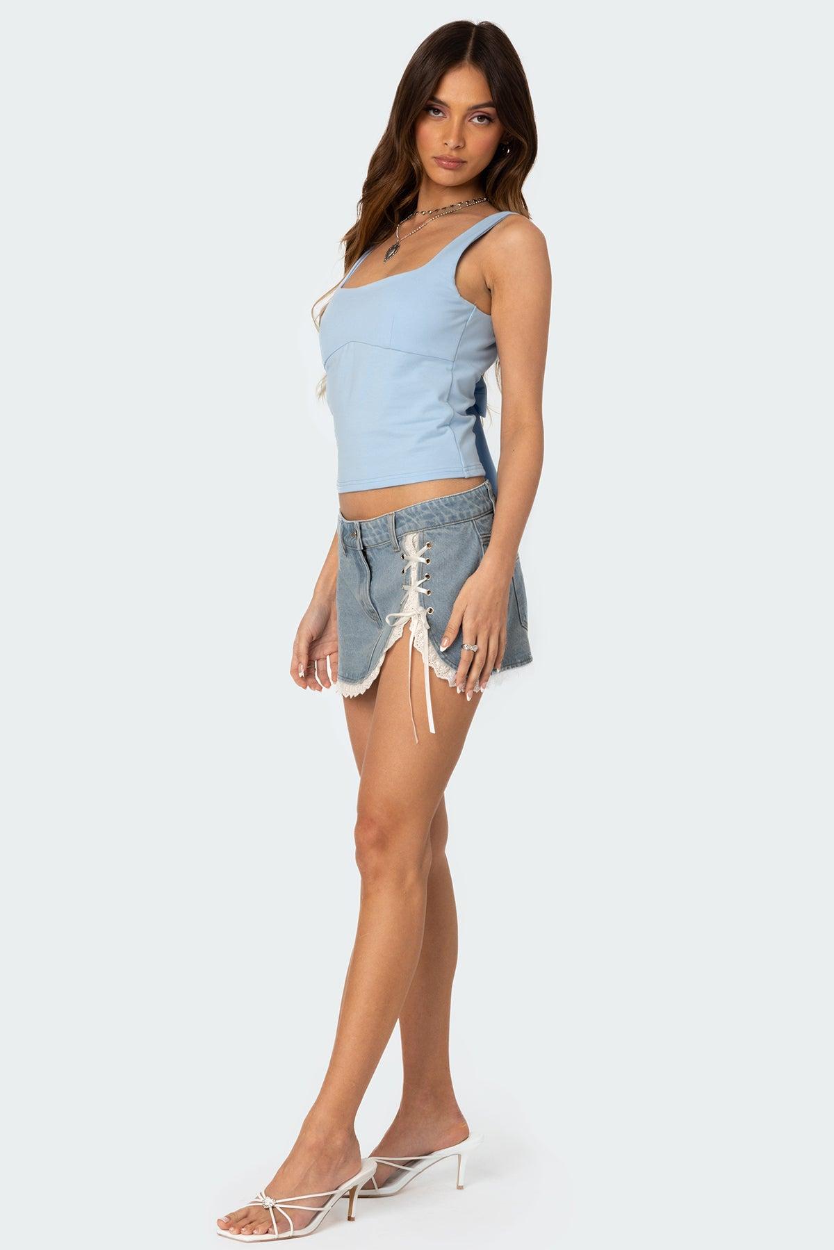 Eyelet Lace Up Denim Mini Skirt Product Image