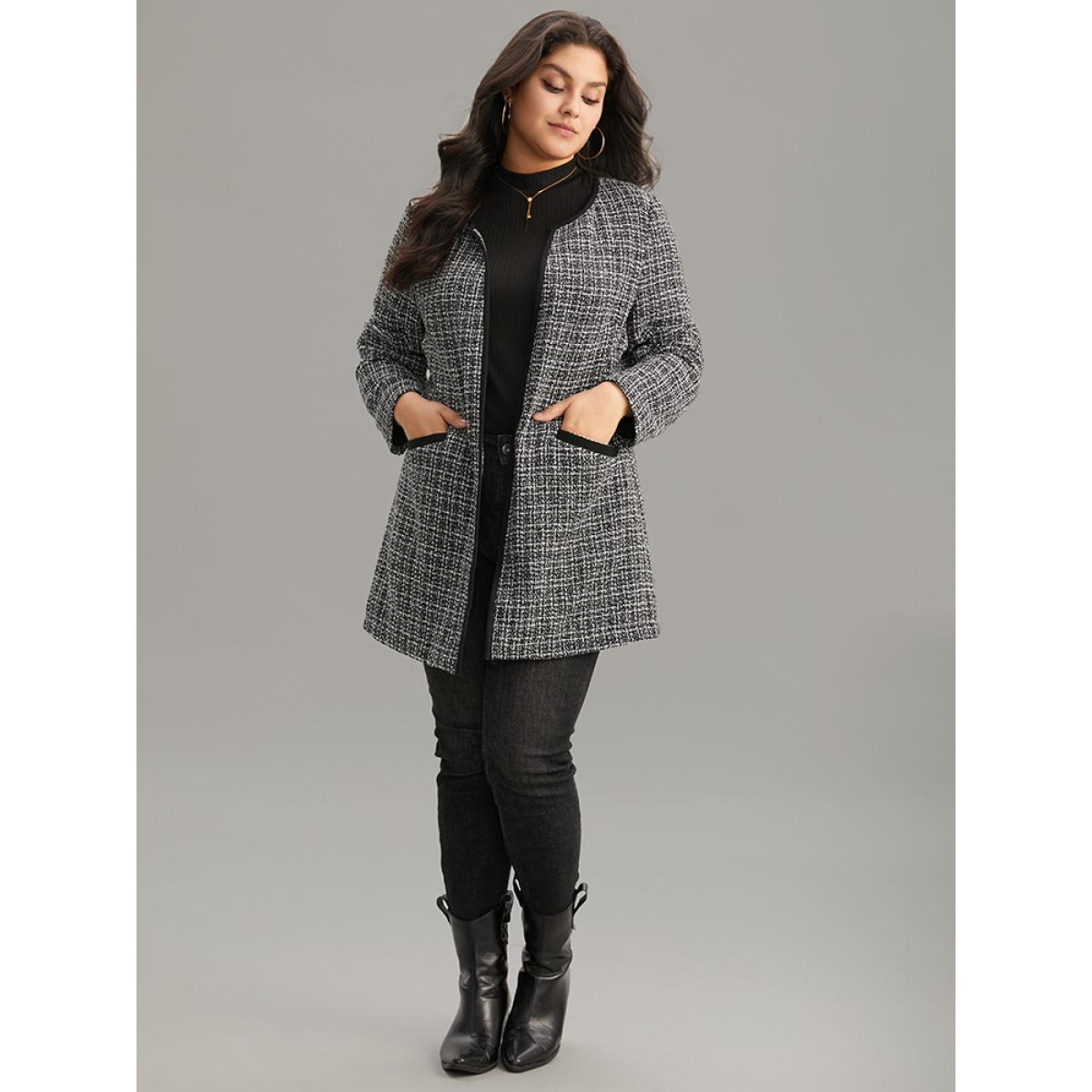 Plus Size Tweed Patchwork Open Front Pocket Coat Women Black Casual Texture Ladies Dailywear Winter Coats BloomChic 28/5X Product Image