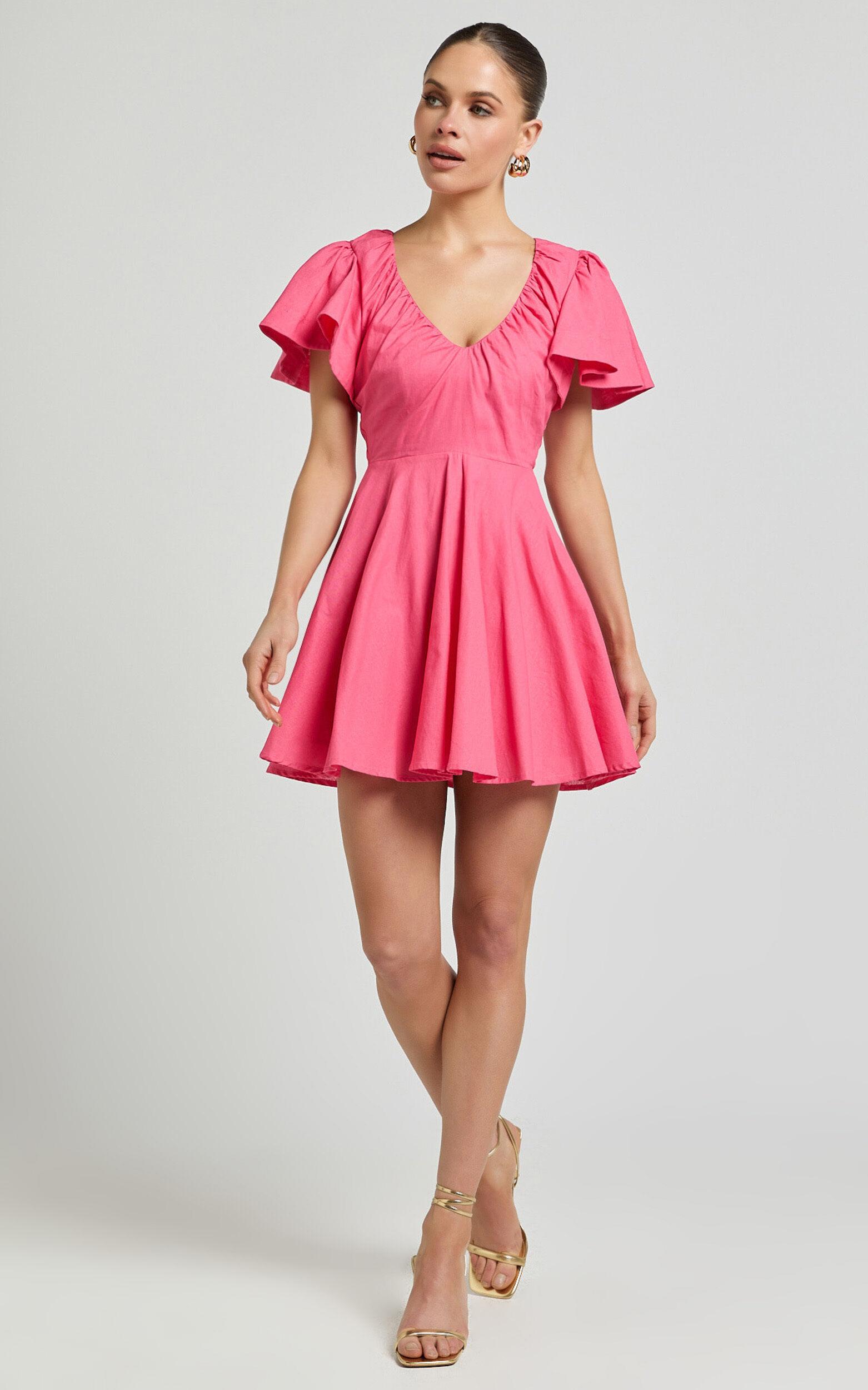 Carli Mini Dress - Linen Ruched Bodice Bell Sleeve Dress in Pink Product Image