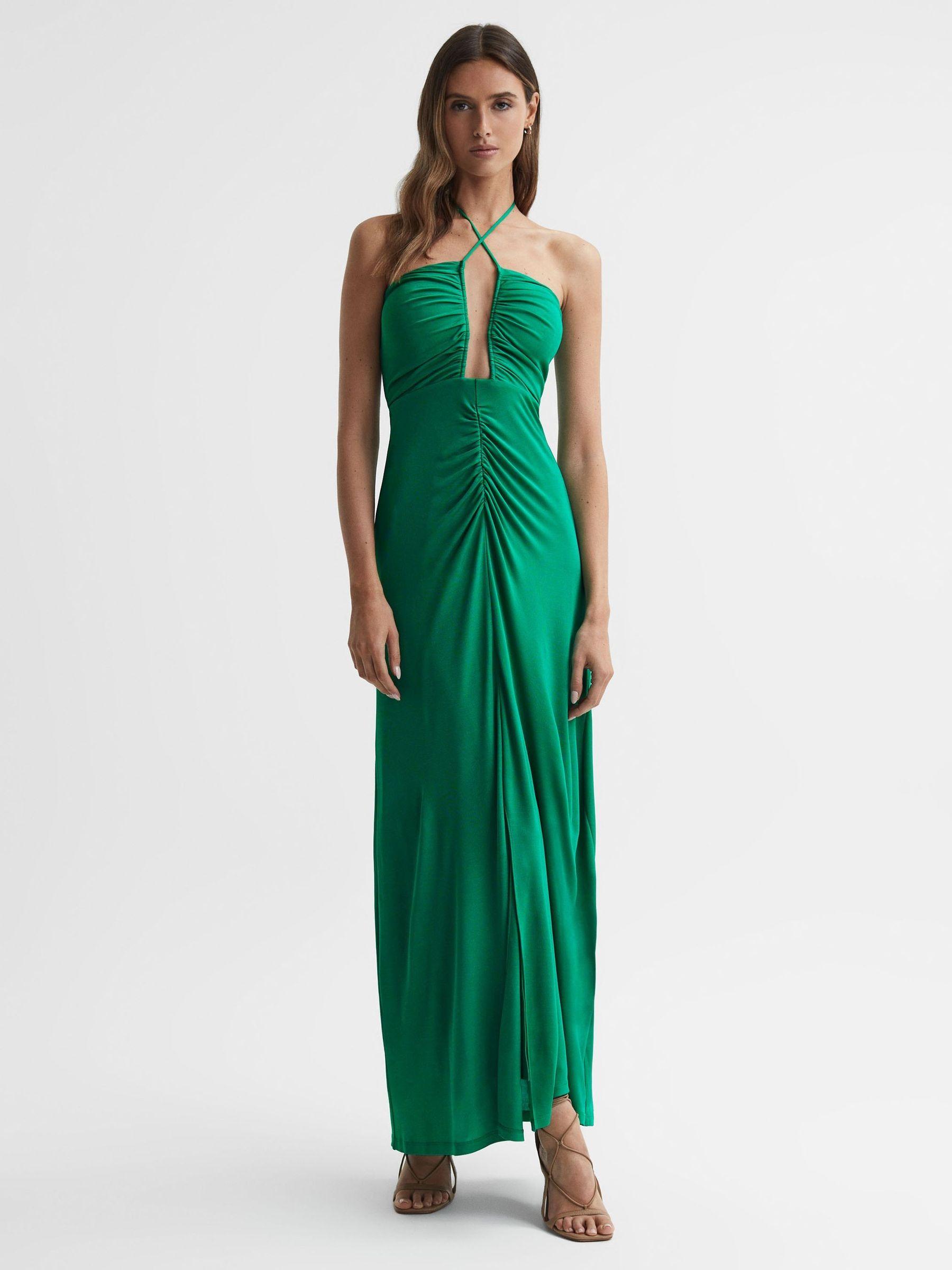 Plunge Halter Neck Maxi Dress in Green Product Image