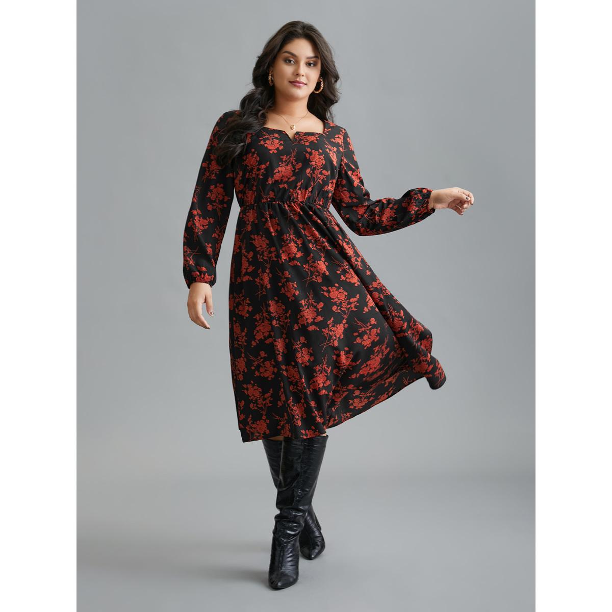 Plus Size Silhouette Floral Print Notched Dress Black Women Elegant Non Notched collar Long Sleeve Curvy BloomChic 30/6X Product Image