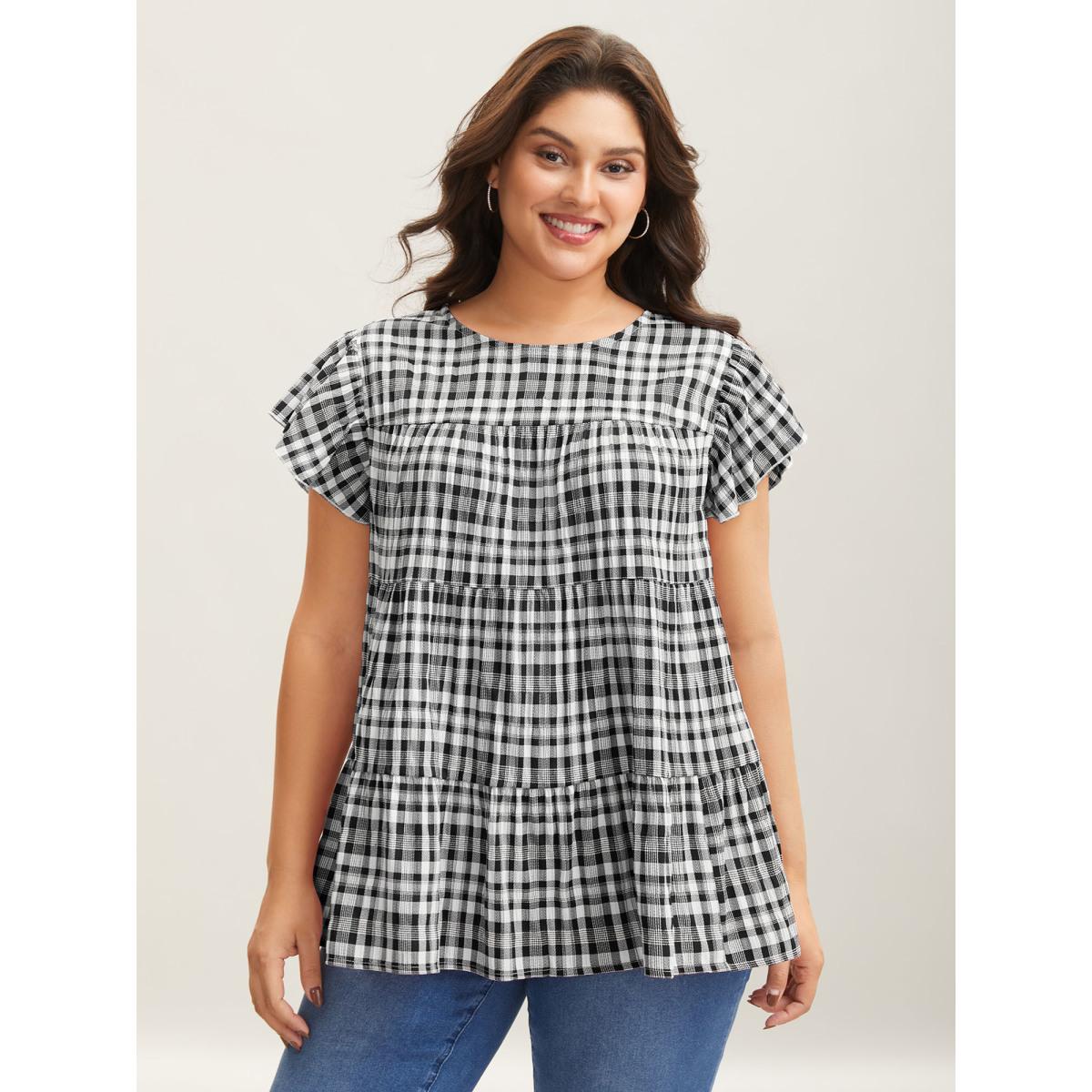 Plus Size Black Plaid Print Textured Lotus Leaf Sleeve Shirt Women Casual Cap Sleeve Round Neck Everyday Blouses BloomChic 22-24/3X Product Image