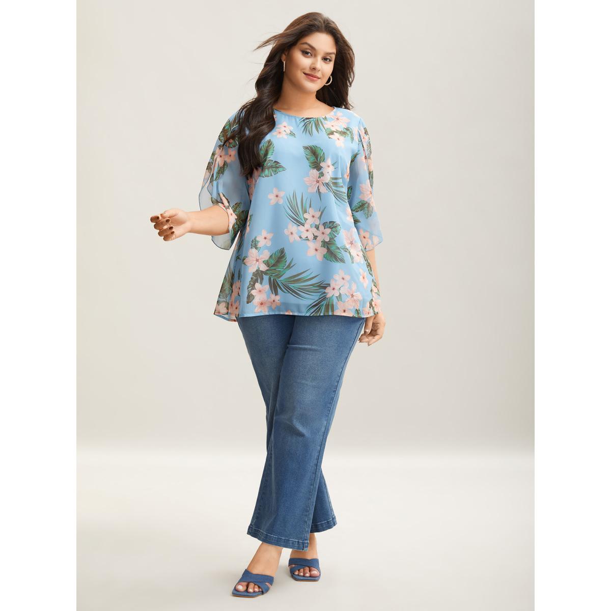 Plus Size LightBlue Petal Sleeve Floral Round Neck Shirt Women Resort Elbow-length sleeve Round Neck Vacation Blouses BloomChic 22-24/3X Product Image