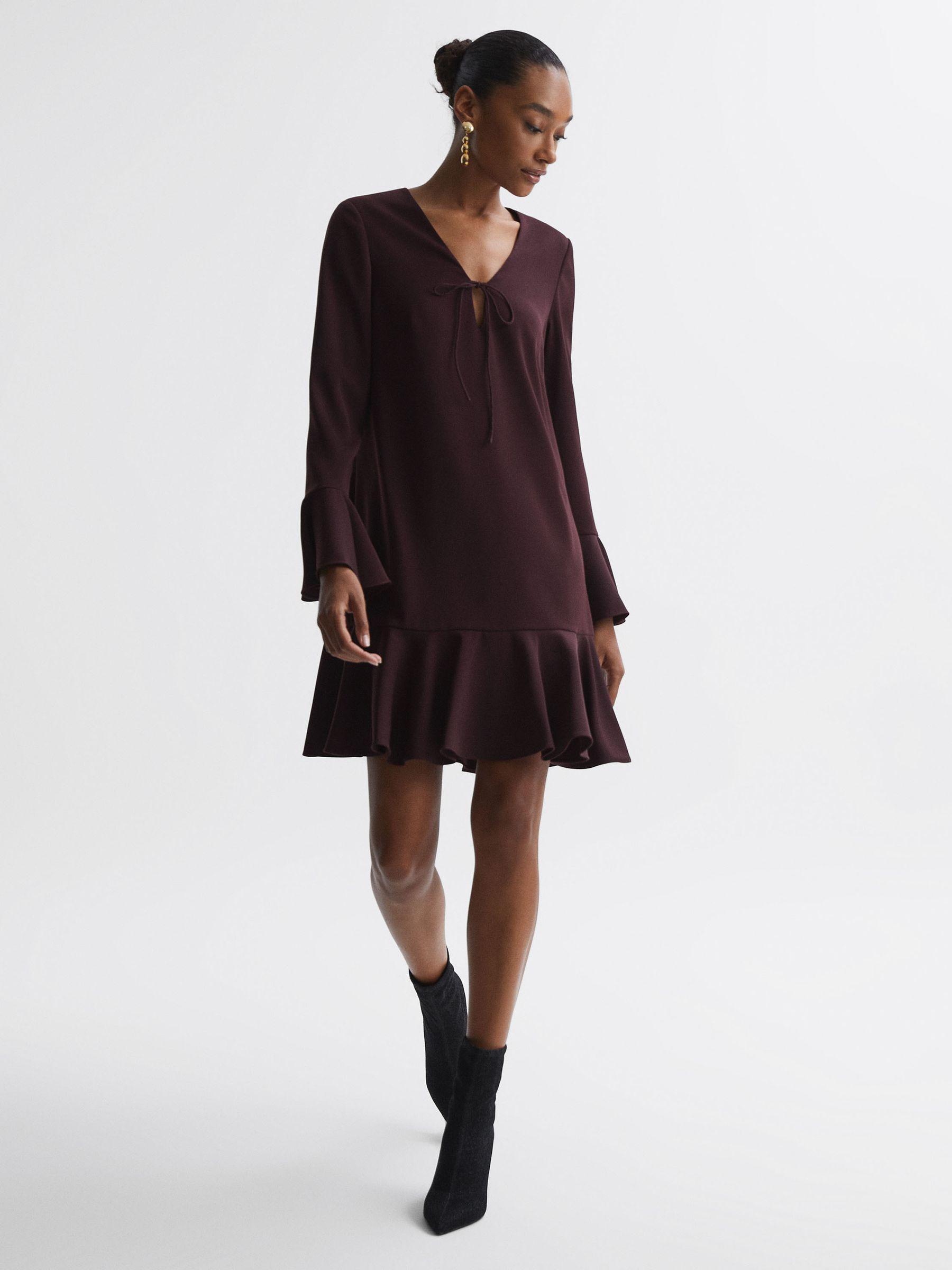 Florere V-Neck Mini Dress in Burgundy Product Image