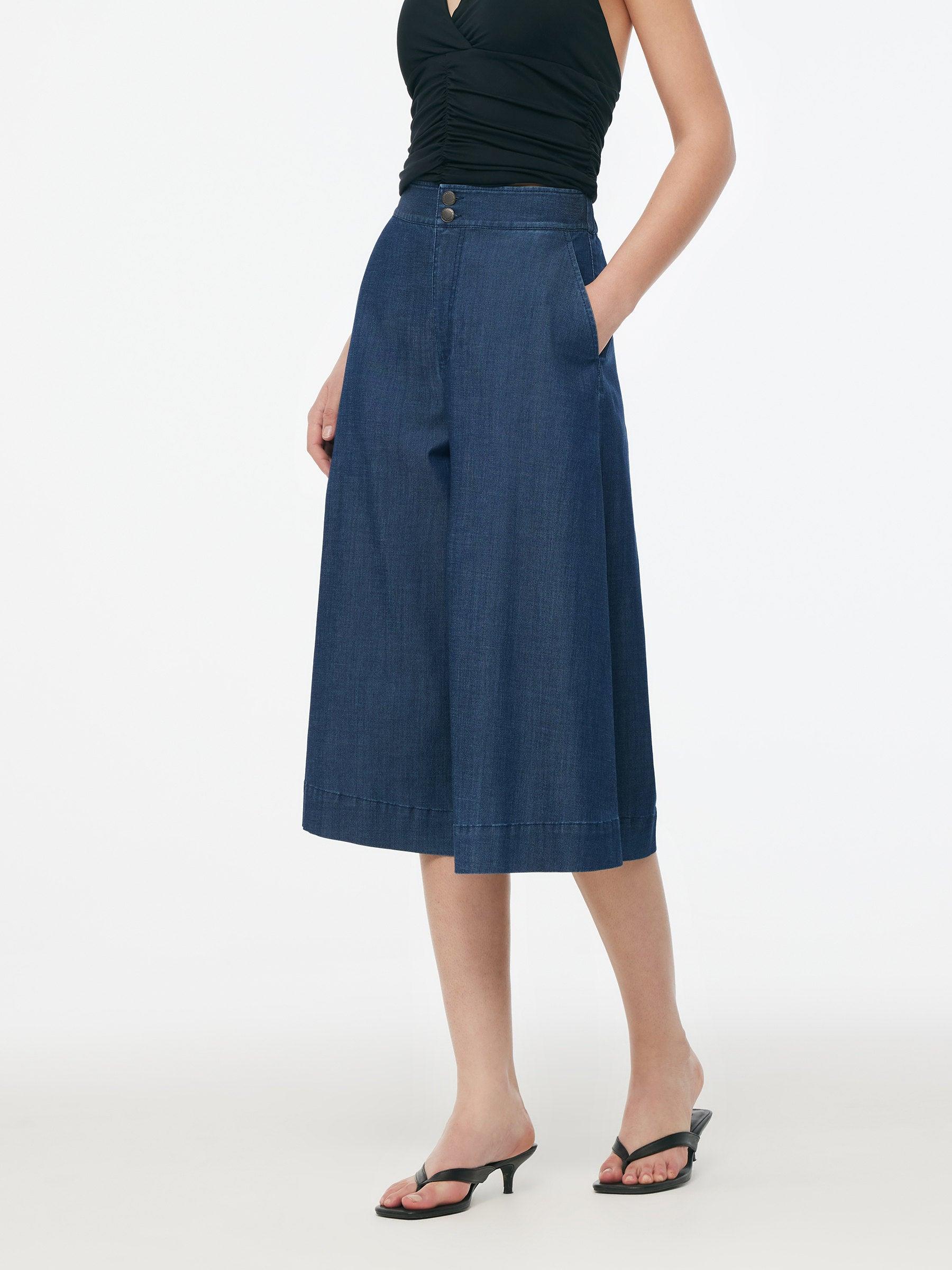 Denim High Waisted Women Wide Leg Cropped Culottes Product Image