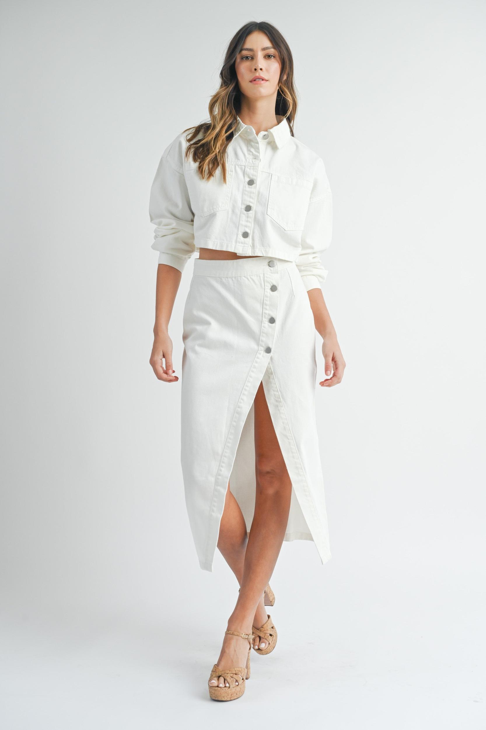 White Denim Crop Jacket and Slit Skirt Set Product Image
