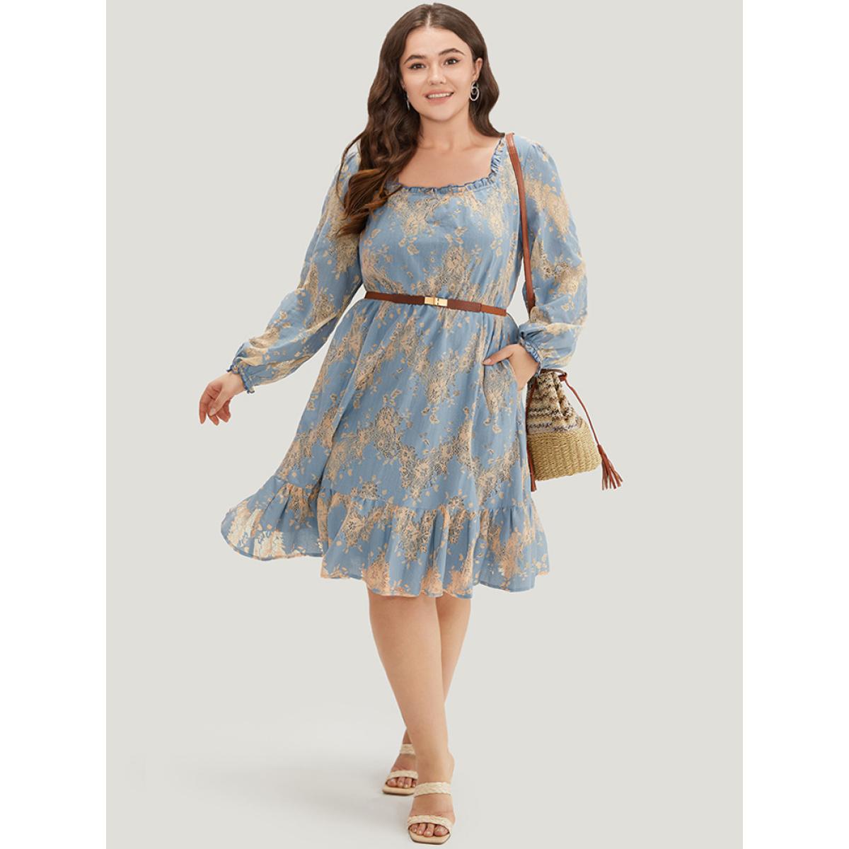Plus Size Contrast Lace Panel Frill Trim Lantern Sleeve Dress Aegean Women Vacation Elastic cuffs Square Neck Long Sleeve Curvy Midi Dress BloomChic 12/L Product Image