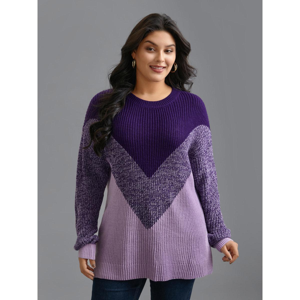 Plus Size Textured Balloon Sleeves Color Block Pullover Deeppurple Women Casual Loose Long Sleeve Round Neck Everyday Pullovers BloomChic 18-20/2X Product Image