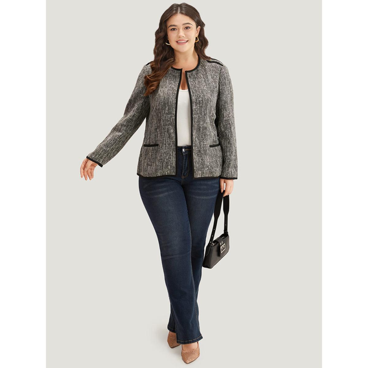 Plus Size Patchwork Contrast Button Detail Pocket Blazer Women Black Contrast Pocket Work Jackets BloomChic 22-24/3X Product Image