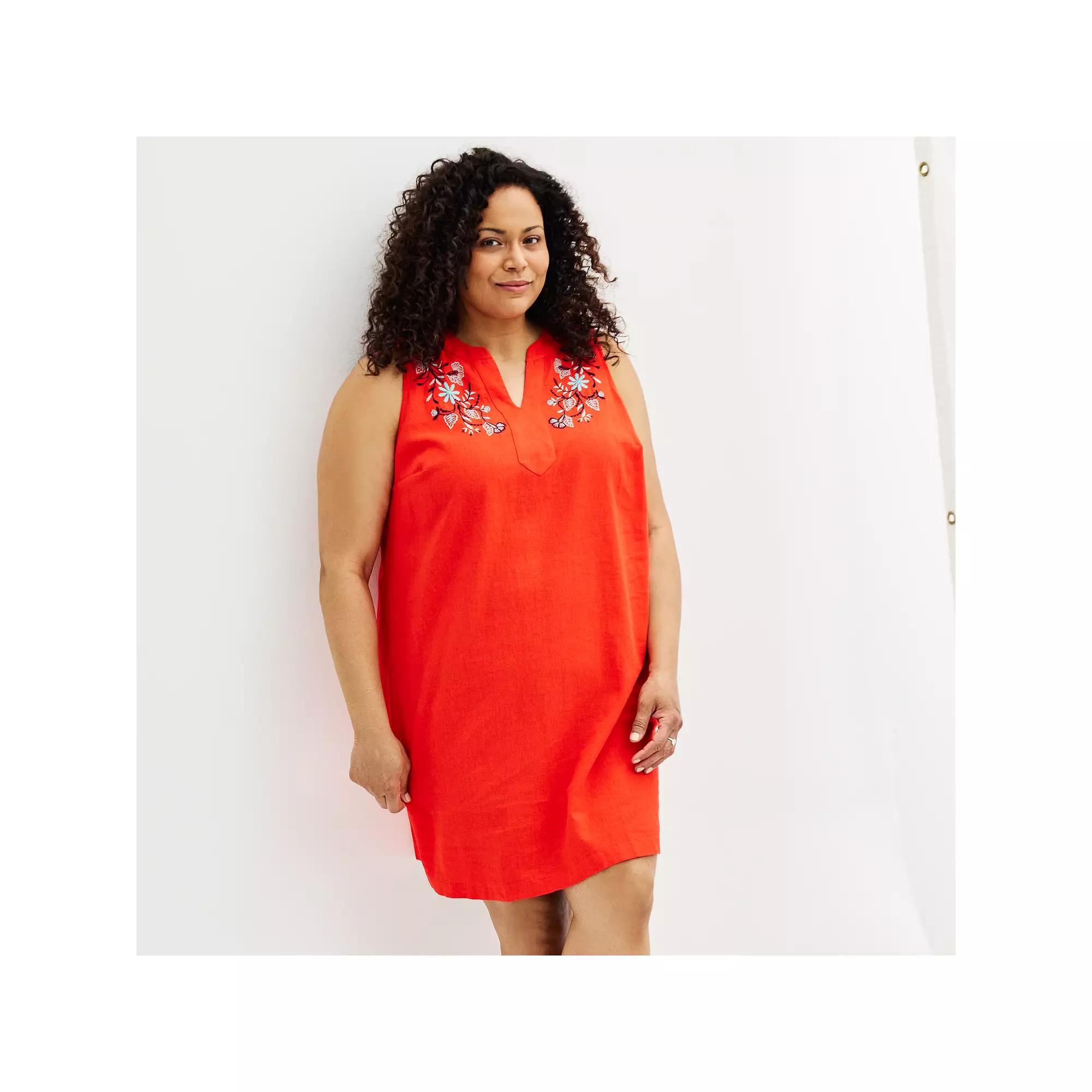 Plus Size Croft & Barrow® Embroidered Split Neck Dress, Women's, Size: 3XL, Lava Flames Product Image