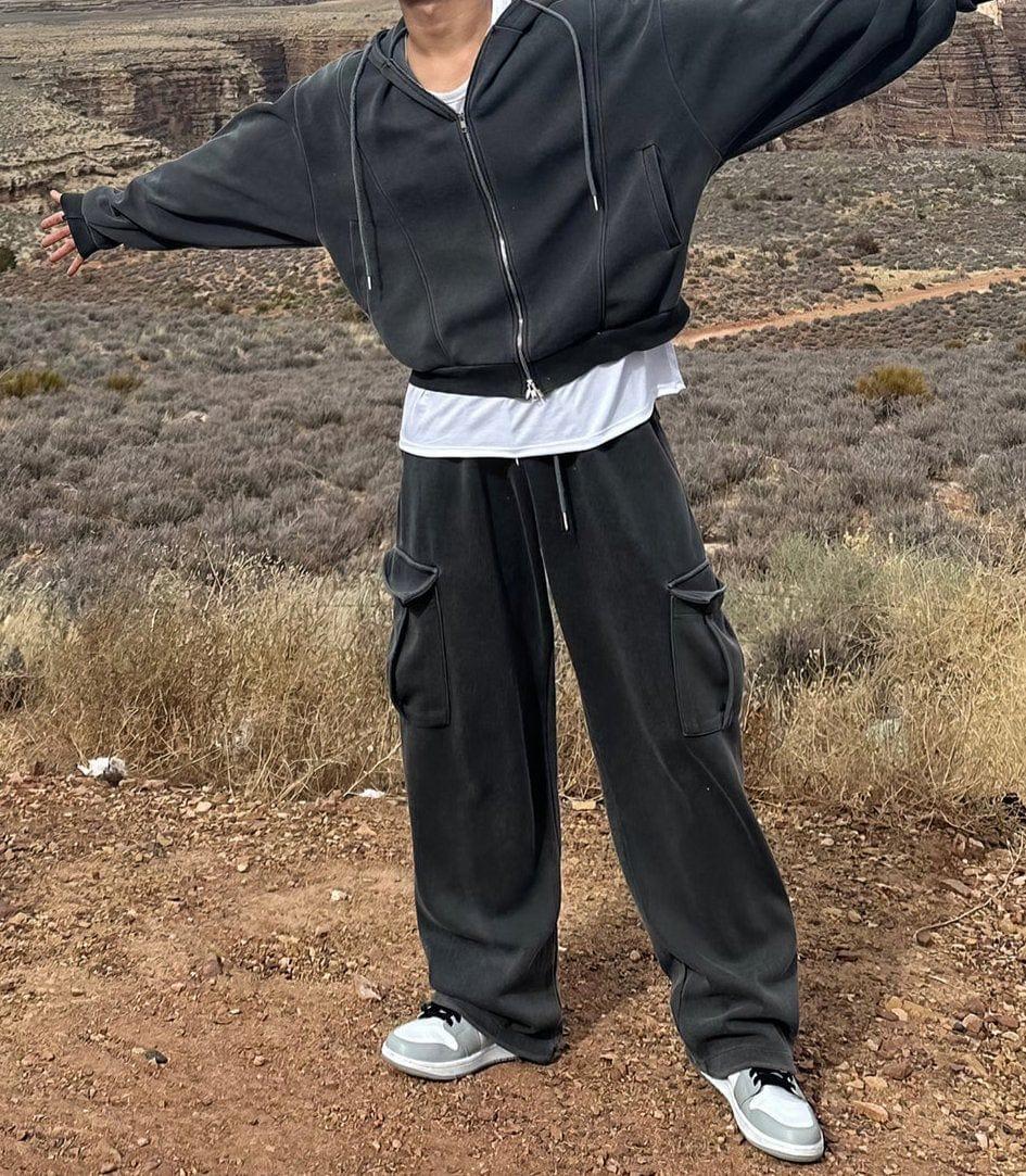 RT No. 11925 DARK GRAY ZIP-UP HOODIE & WIDE SWEATPANTS Product Image