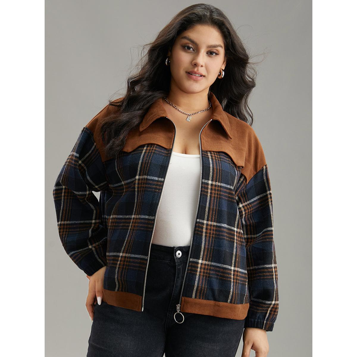 Plus Size Plaid Patchwork Pocket Lapel Collar Zipper Fly Jacket Women Multicolor Contrast Pocket Dailywear Jackets BloomChic 10/M Product Image
