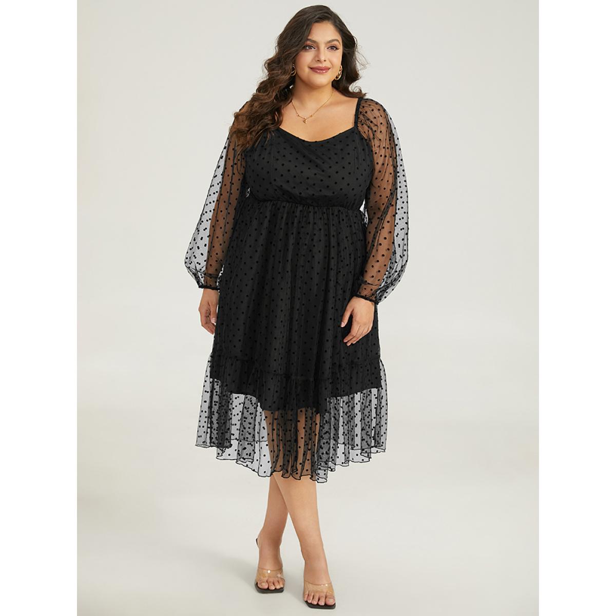 Plus Size Polka Dot Mesh Pocket Square Neck Dress Black Women Elegant Texture Square Neck Long Sleeve Curvy Midi Dress BloomChic 30/6X Product Image