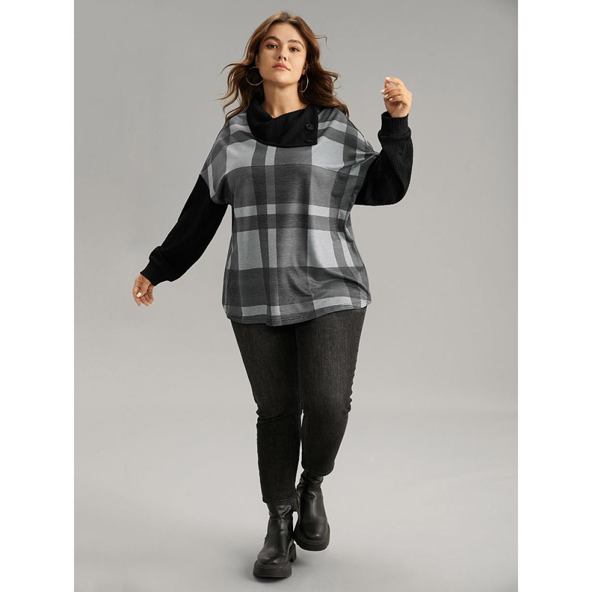 Plus Size Plaid Patchwork Mock Neck Button Detail Sweatshirt Women Black Casual Contrast Mock Neck Dailywear Sweatshirts BloomChic 12/L Product Image