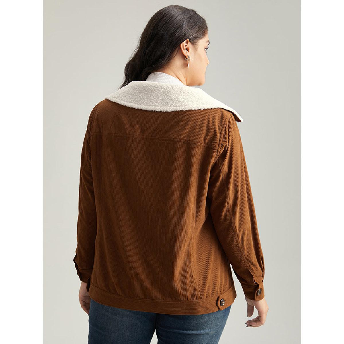 Plus Size Corduroy Lapel Collar Fuzzy Patchwork Button Fly Coat Women Maroon Casual Contrast Ladies Dailywear Winter Coats BloomChic 12/L Product Image