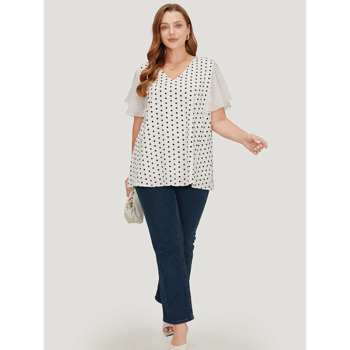 Plus Size White Polka Dot Patchwork Mesh Flutter Sleeve Blouse Women Office Short sleeve V-neck Office Blouses BloomChic 18-20/2X Product Image