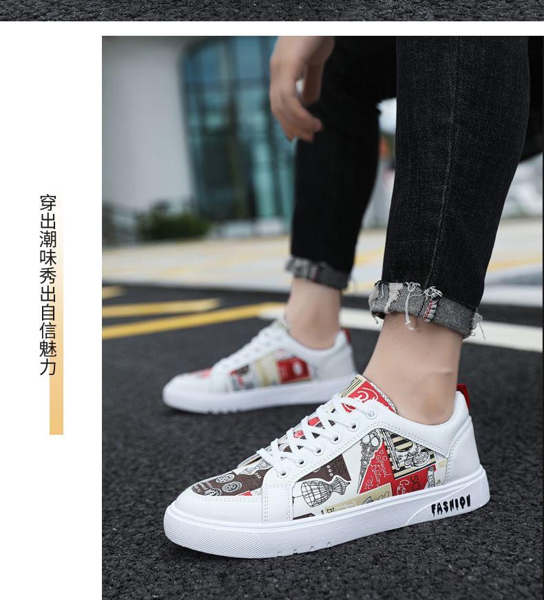 Lettering Print Lace-Up Faux Leather Sneakers Product Image