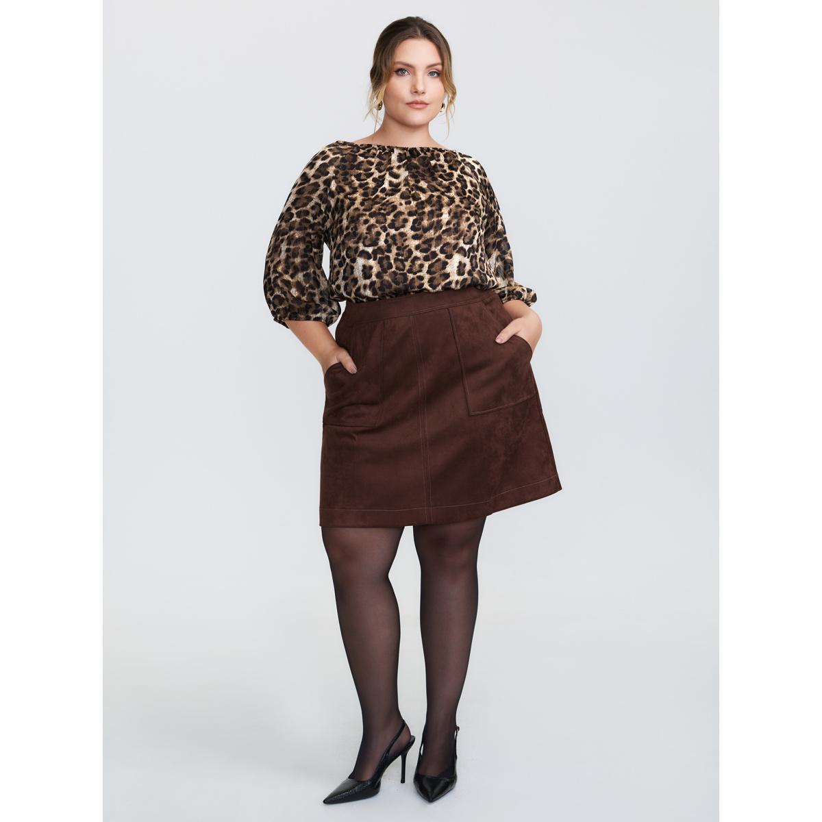 Plus Size DarkBrown Leopard Print Gathered Neckline Blouse Women Retro Elbow-length sleeve Round Neck Elegant Blouses BloomChic 22-24/3X Product Image