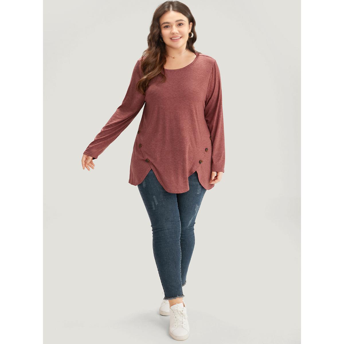 Plus Size Plain Round Neck Button Detail T-shirt Russet Women Casual Plain Plain Round Neck Dailywear T-shirts BloomChic 28/5X Product Image