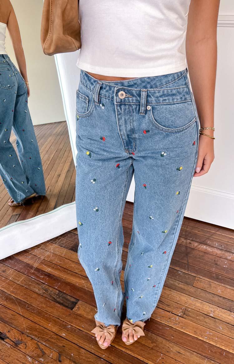 Kansis Blue Embroidered Uneven Waist Jeans Baby Product Image