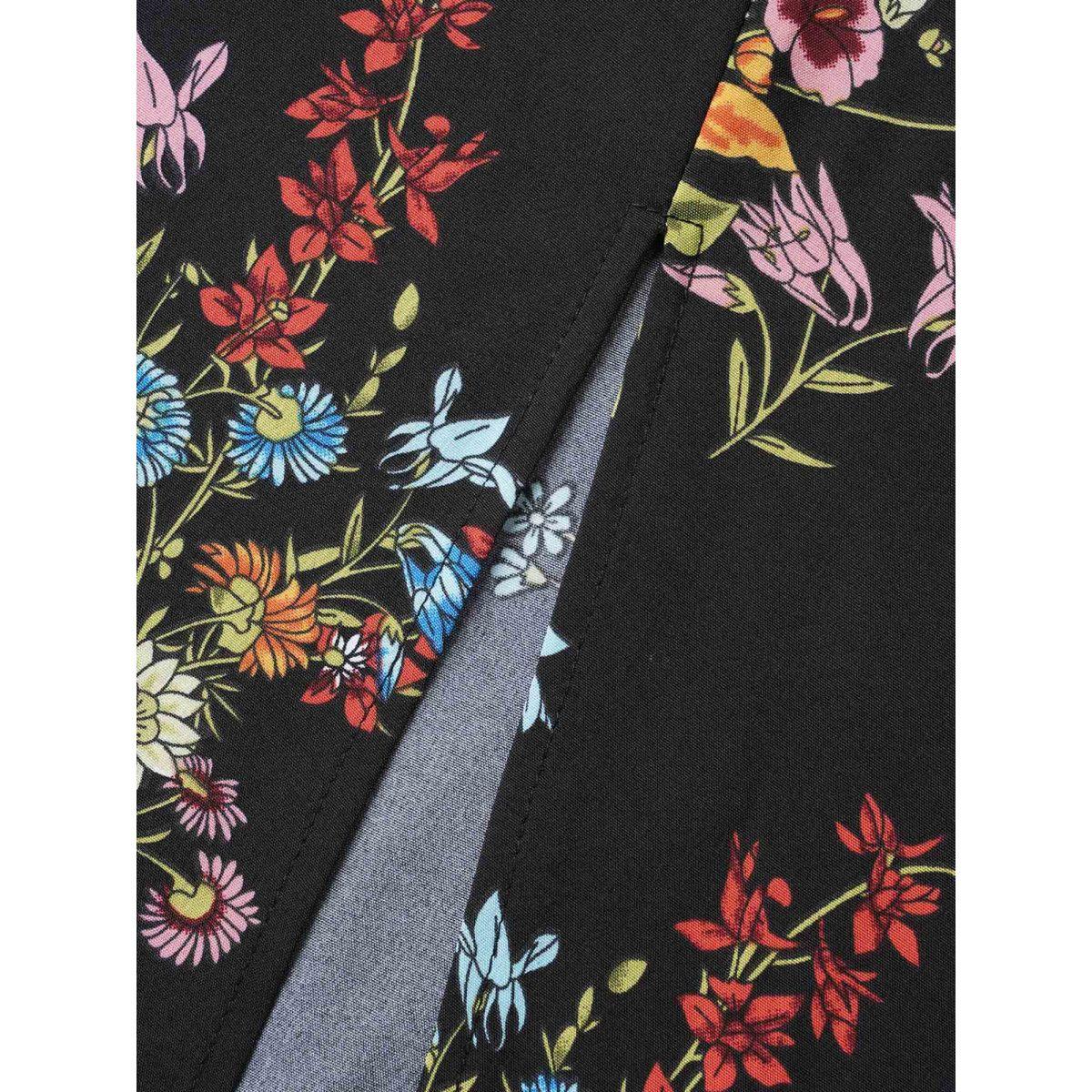 Plus Size Ditsy Floral Shirred Split Hem Dress Black Women Elegant Frill Trim Square Neck Short sleeve Curvy BloomChic 12/L Product Image