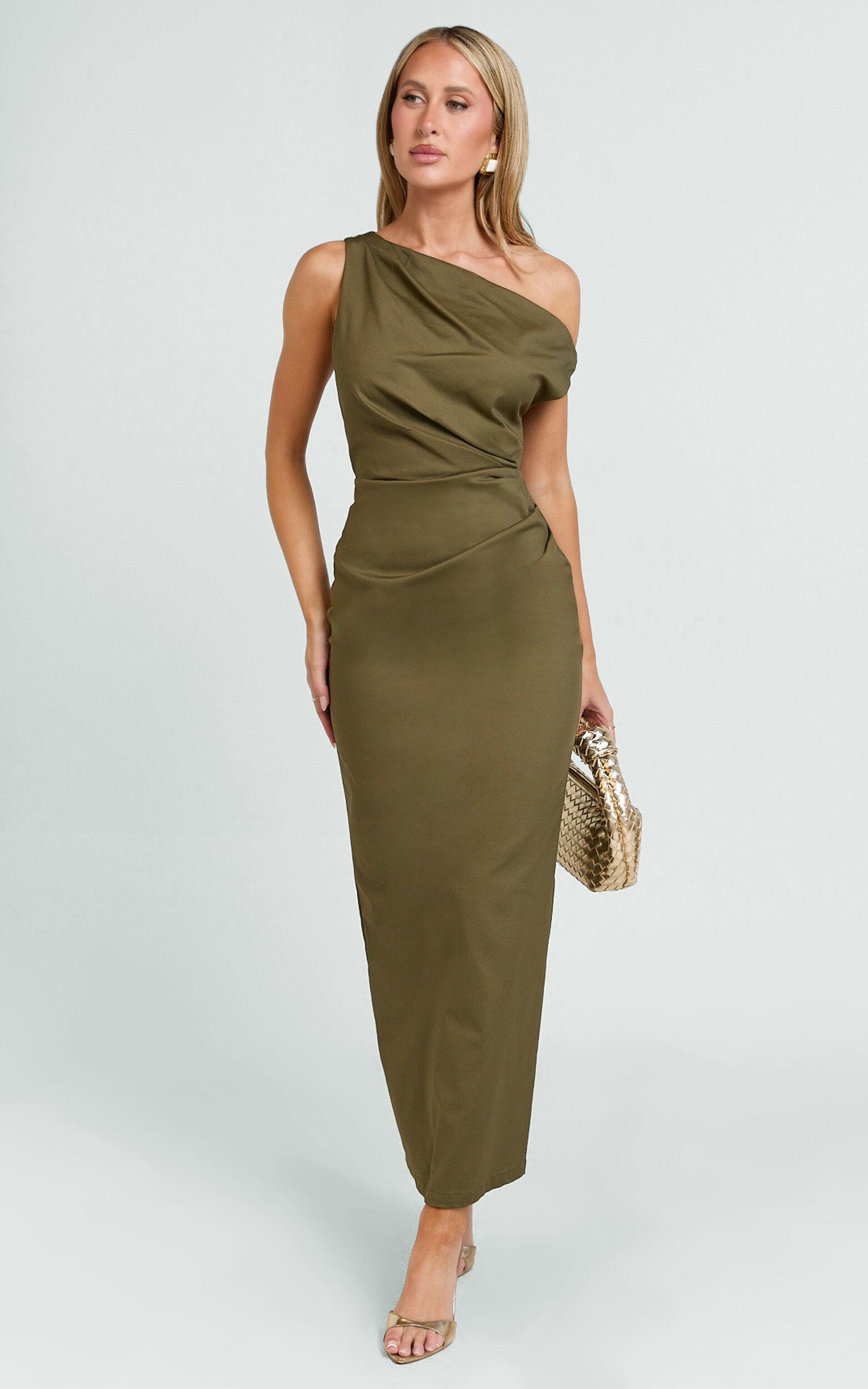 Alexandria Midi Dress - Tip Shoulder Draped Fitted Dress in Olive Product Image